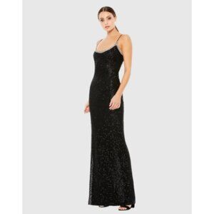 NWT Mac Duggal Black Beaded Spaghetti Strap Gown Sz 14 Formal Evening Dress